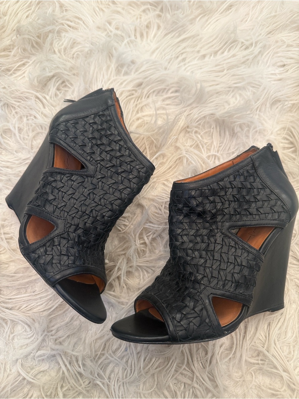 Elizabeth and James Black Woven Peep-Toe Wedge Booties